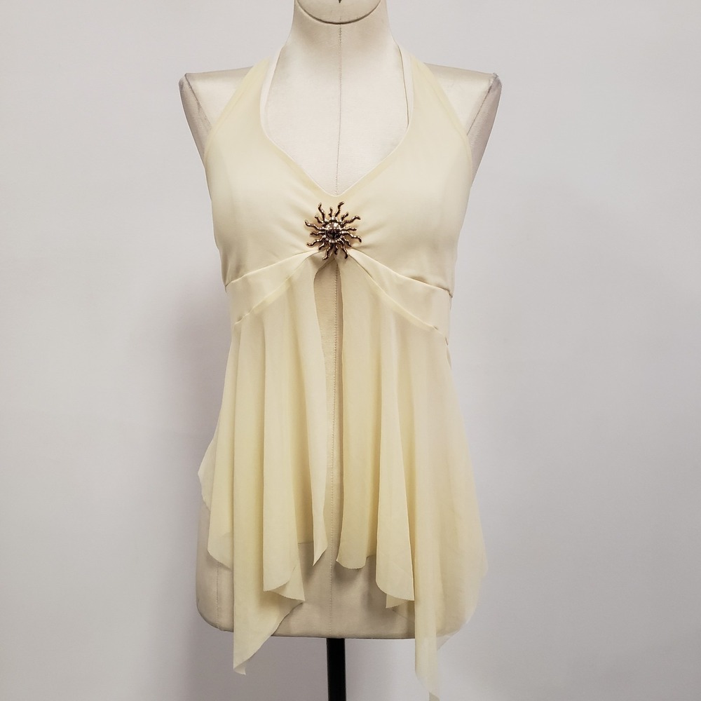 Halter Babydoll Flowy Mesh‎ Sun Broach Top M Butter Yellow Hippie Boho Festival